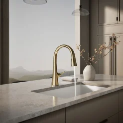 Touchless pull-down kitchen sink faucet with three-function sprayhead^Kohler