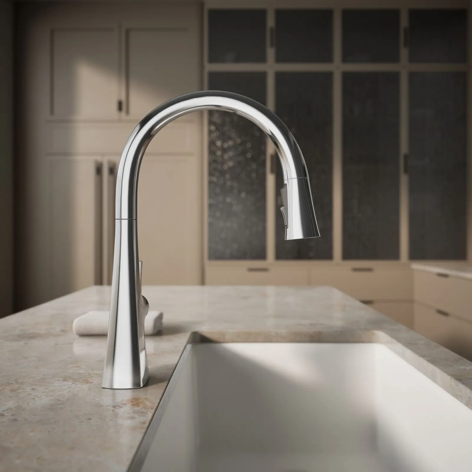 Touchless pull-down kitchen sink faucet with three-function sprayhead^Kohler