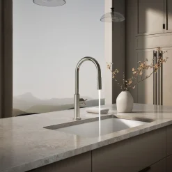 Touchless pull-down kitchen sink faucet with two-function sprayhead^Kohler Hot