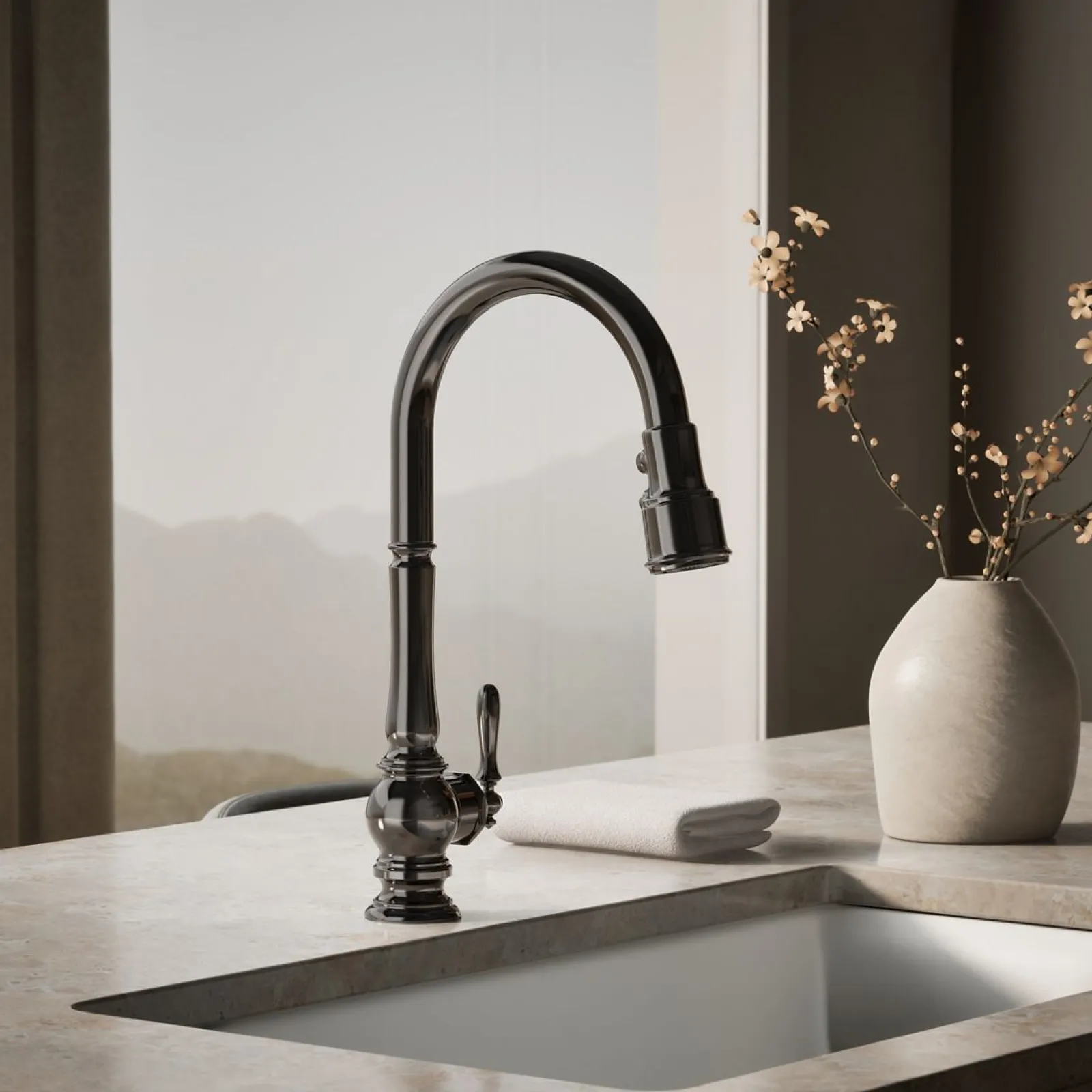 Touchless pull-down kitchen sink faucet with three-function sprayhead^Kohler