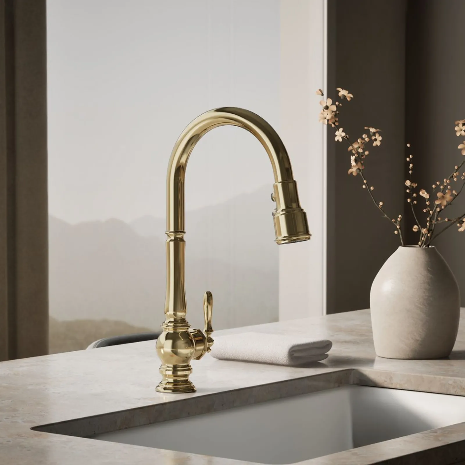 Touchless pull-down kitchen sink faucet with three-function sprayhead^Kohler