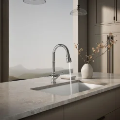 Touchless pull-down kitchen sink faucet with three-function sprayhead^Kohler