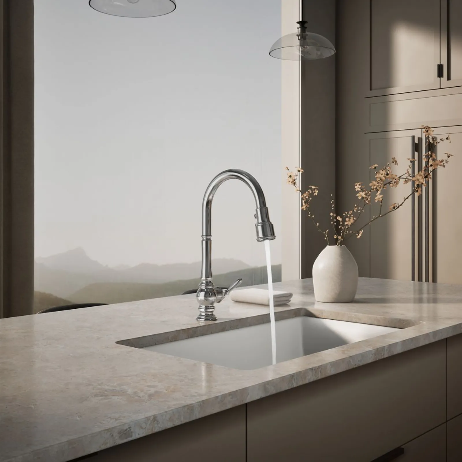 Touchless pull-down kitchen sink faucet with three-function sprayhead^Kohler