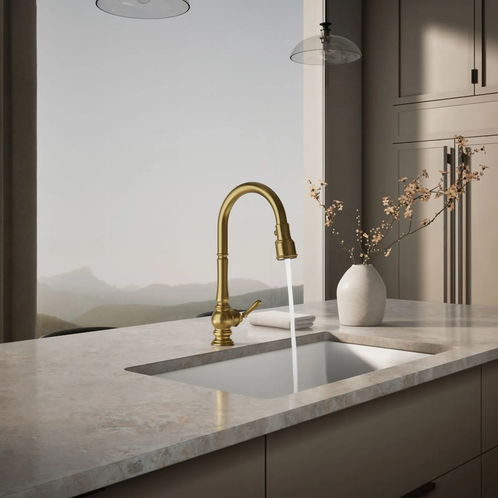Touchless pull-down kitchen sink faucet with three-function sprayhead^Kohler