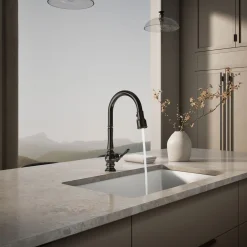 Touchless pull-down kitchen sink faucet with three-function sprayhead^Kohler