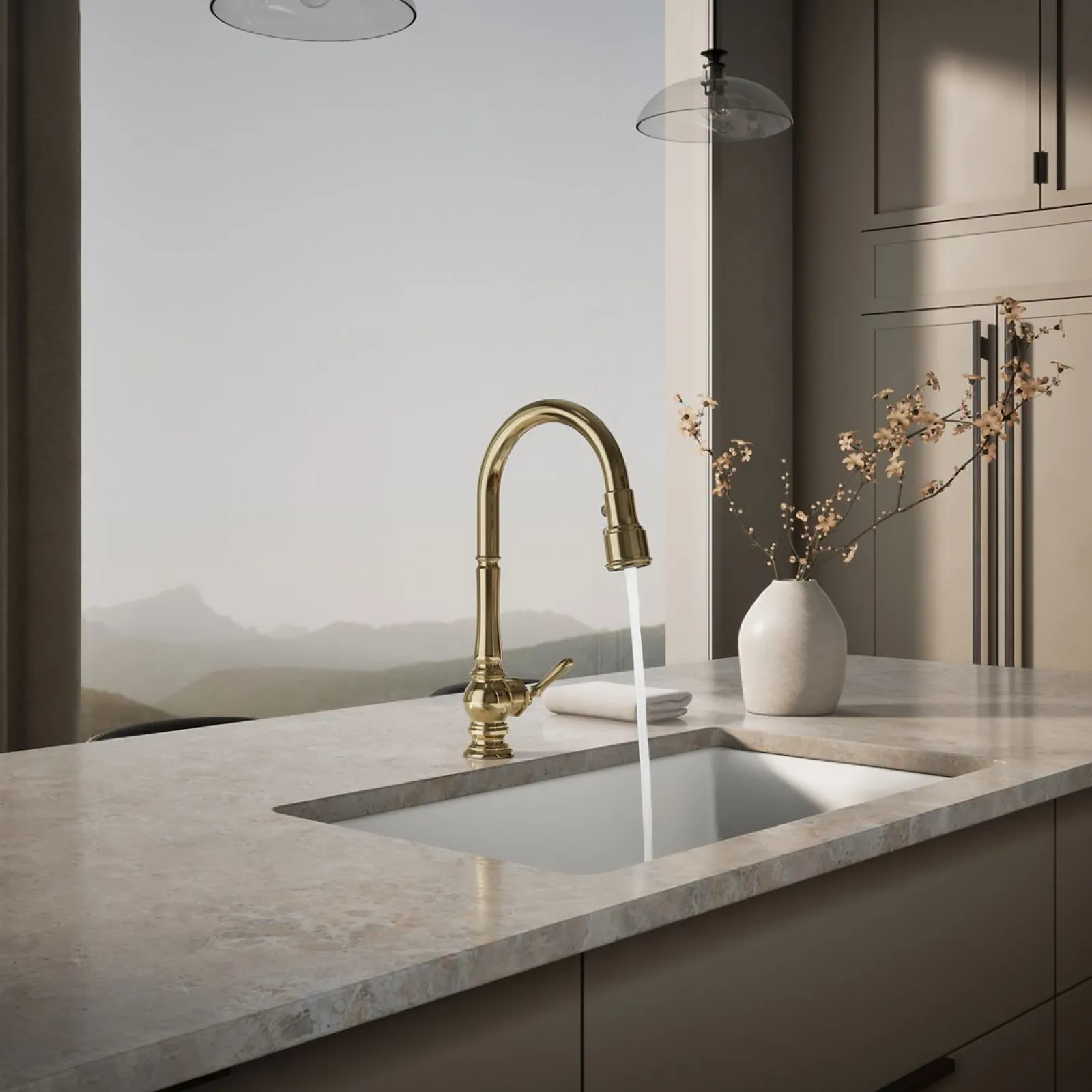 Touchless pull-down kitchen sink faucet with three-function sprayhead^Kohler