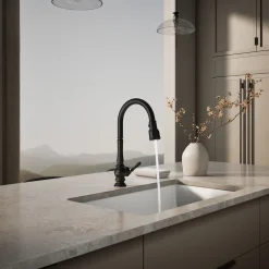 Touchless pull-down kitchen sink faucet with three-function sprayhead^Kohler