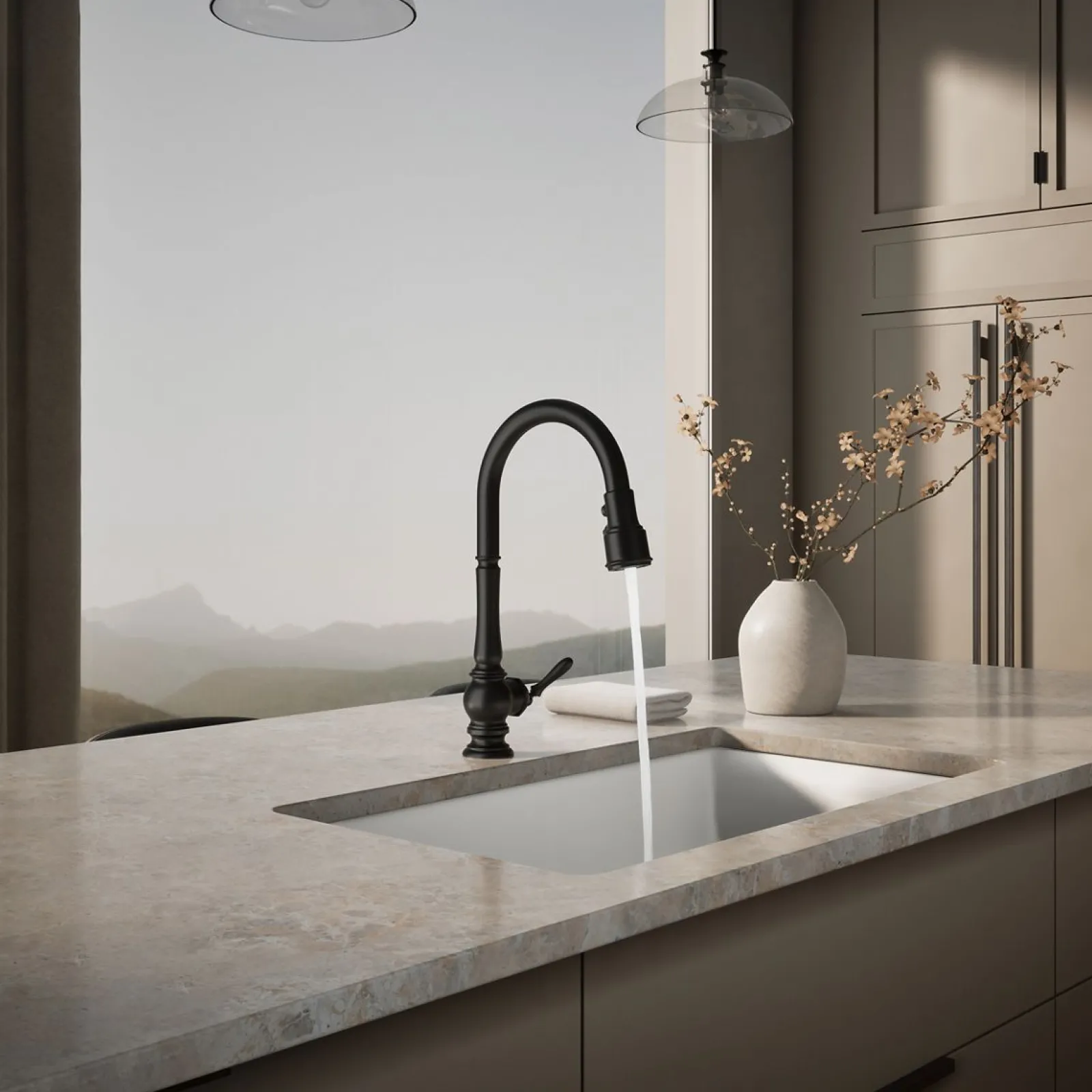 Touchless pull-down kitchen sink faucet with three-function sprayhead^Kohler