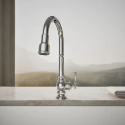Touchless pull-down kitchen sink faucet with three-function sprayhead^Kohler