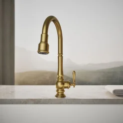 Touchless pull-down kitchen sink faucet with three-function sprayhead^Kohler