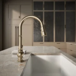 Touchless pull-down kitchen sink faucet with three-function sprayhead^Kohler