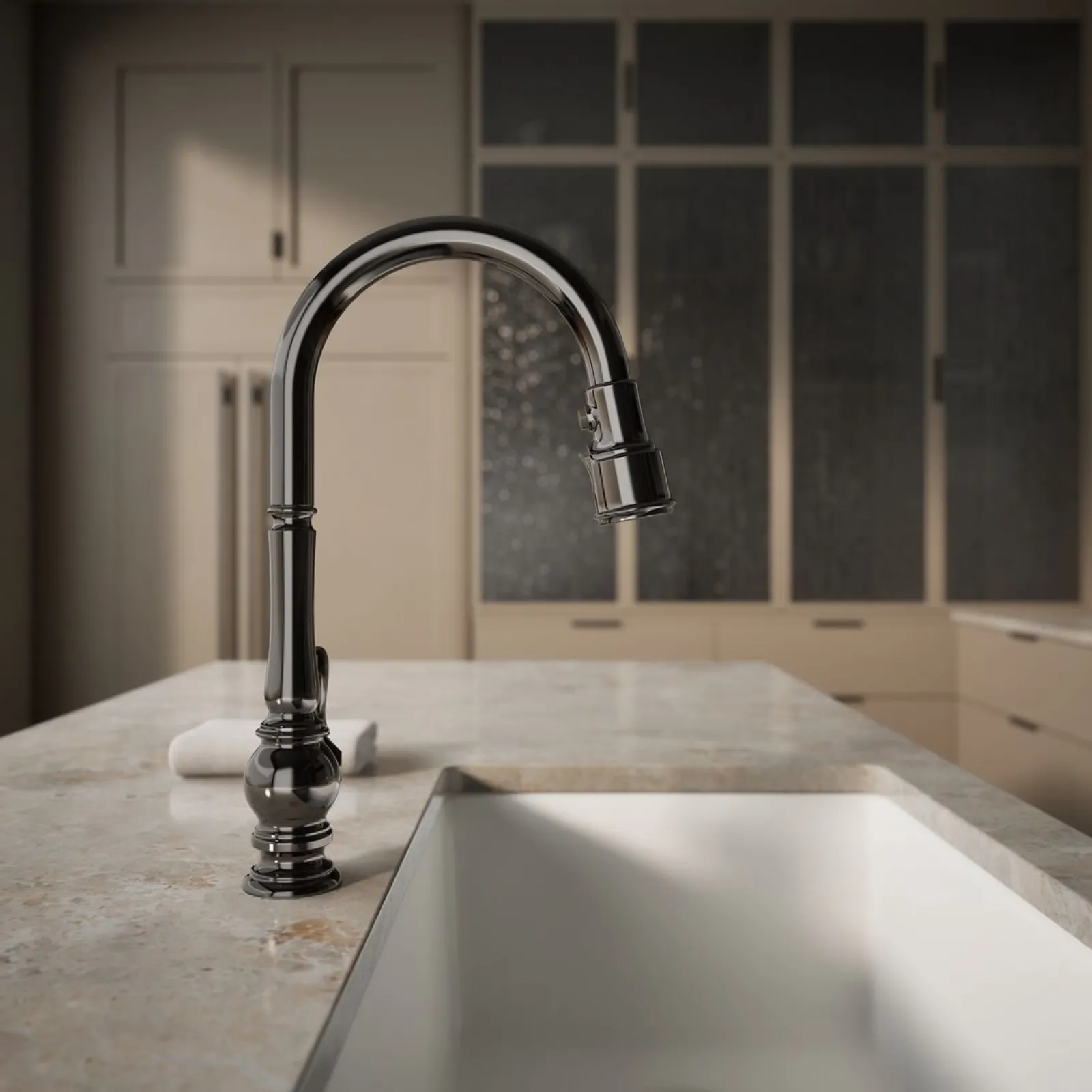 Touchless pull-down kitchen sink faucet with three-function sprayhead^Kohler