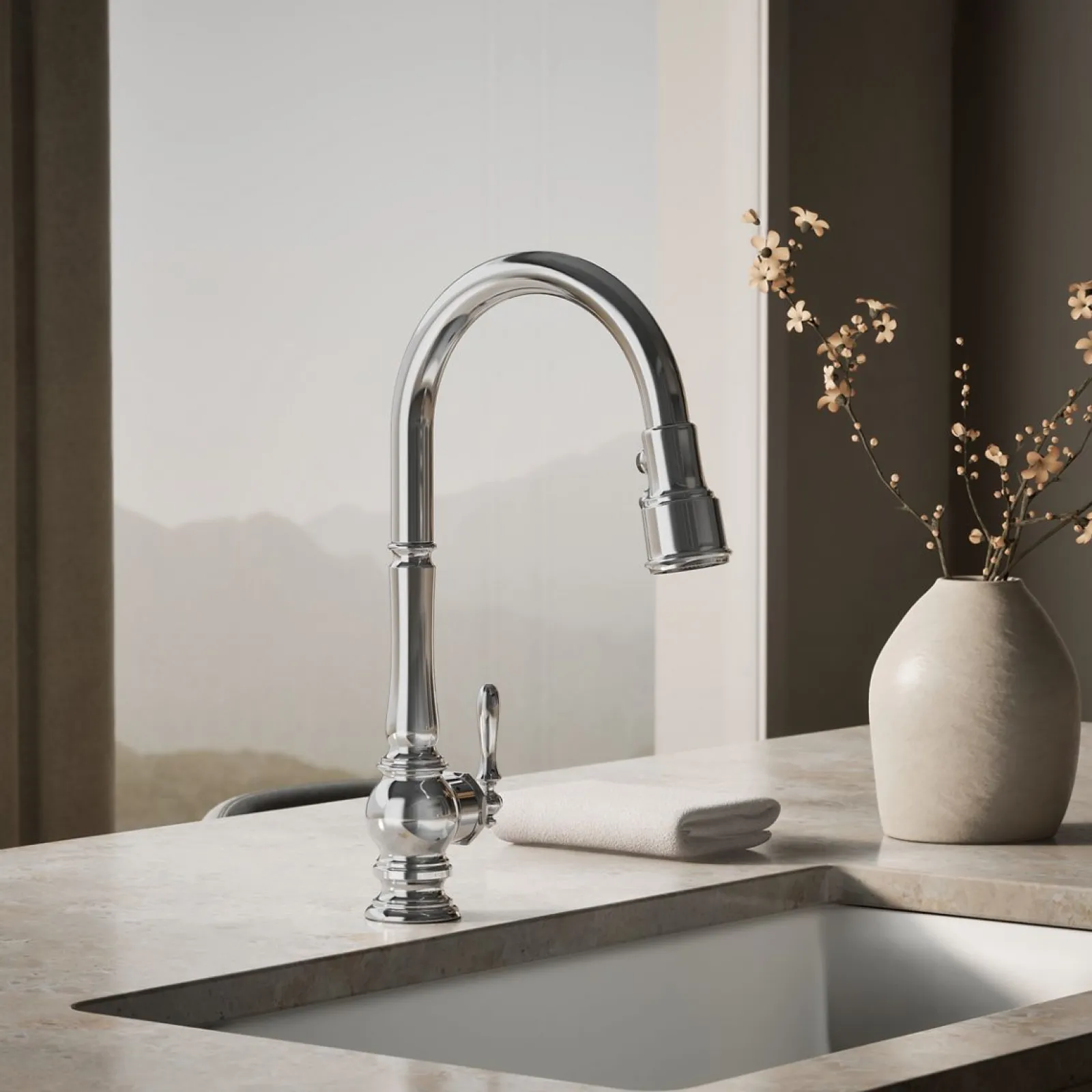 Touchless pull-down kitchen sink faucet with three-function sprayhead^Kohler