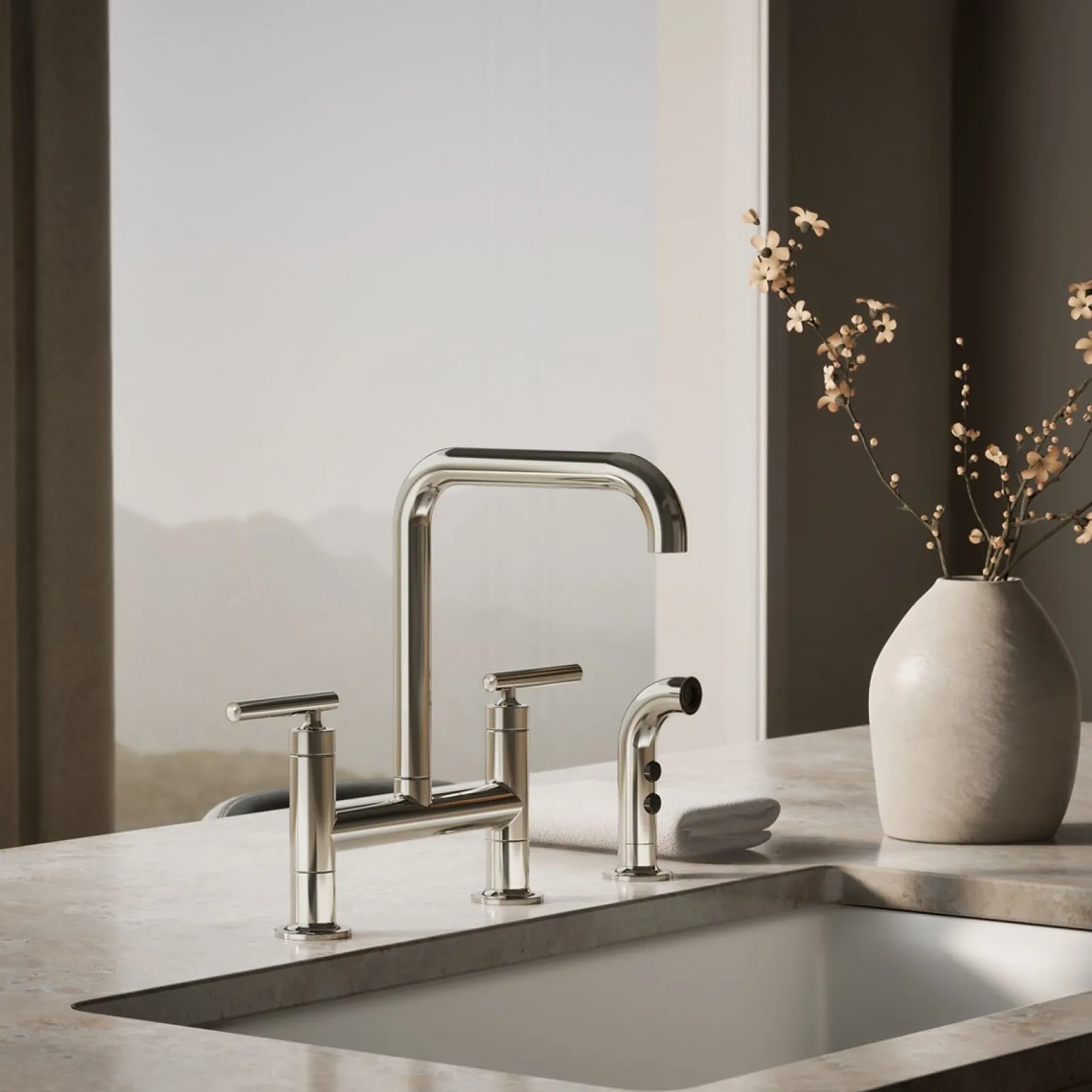 Two-hole bridge kitchen sink faucet with side sprayer^Kohler Hot