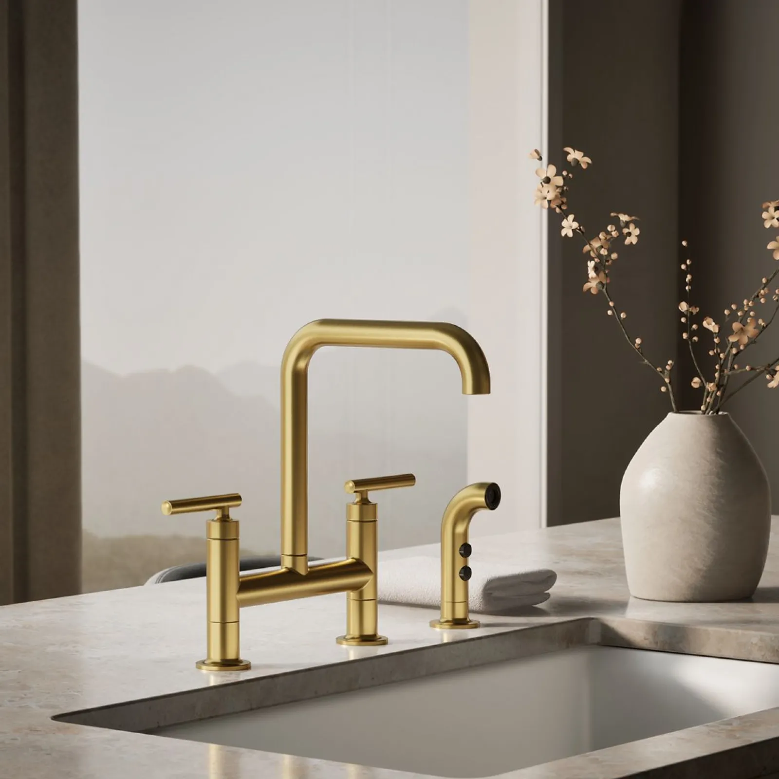 Two-hole bridge kitchen sink faucet with side sprayer^Kohler Hot