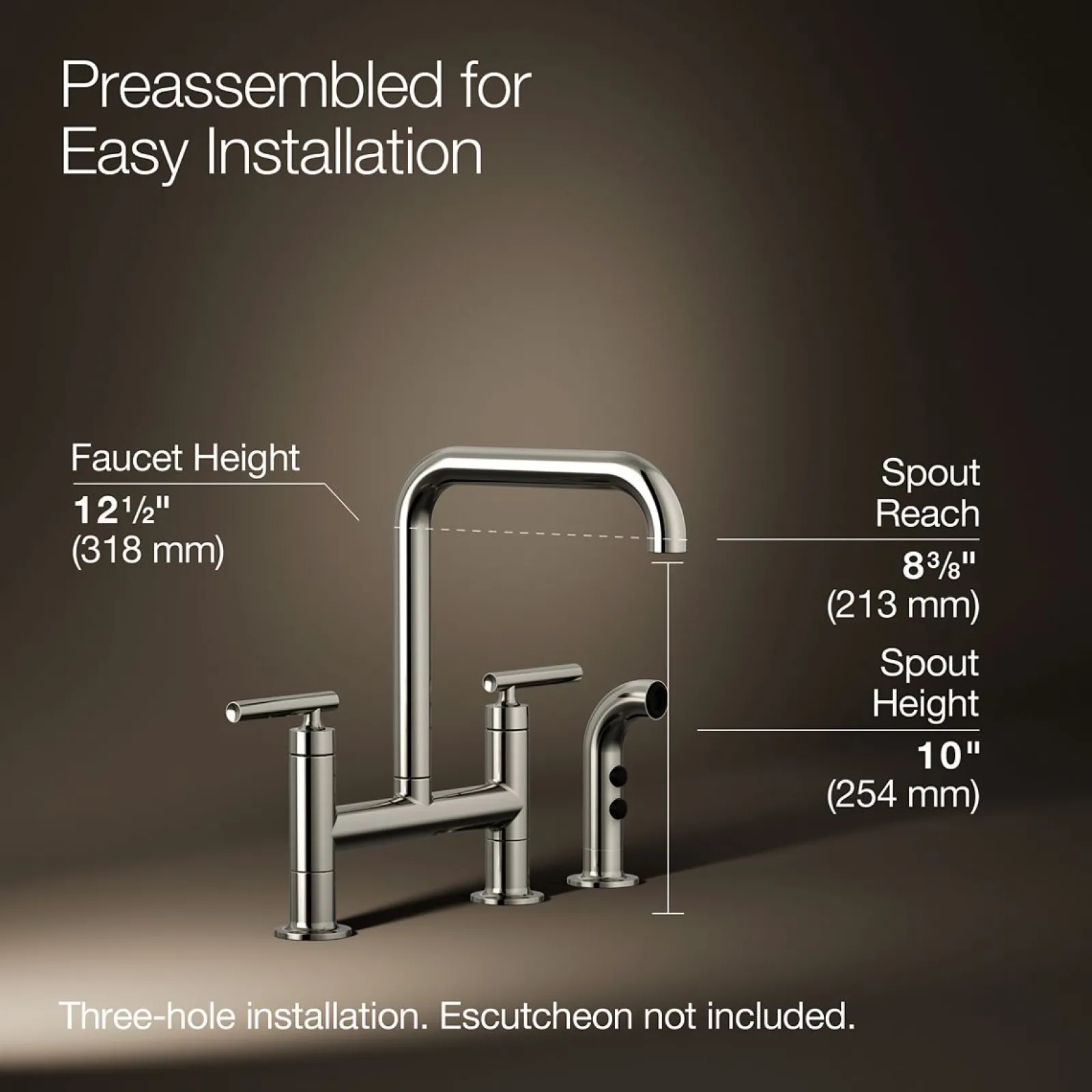 Two-hole bridge kitchen sink faucet with side sprayer^Kohler Hot