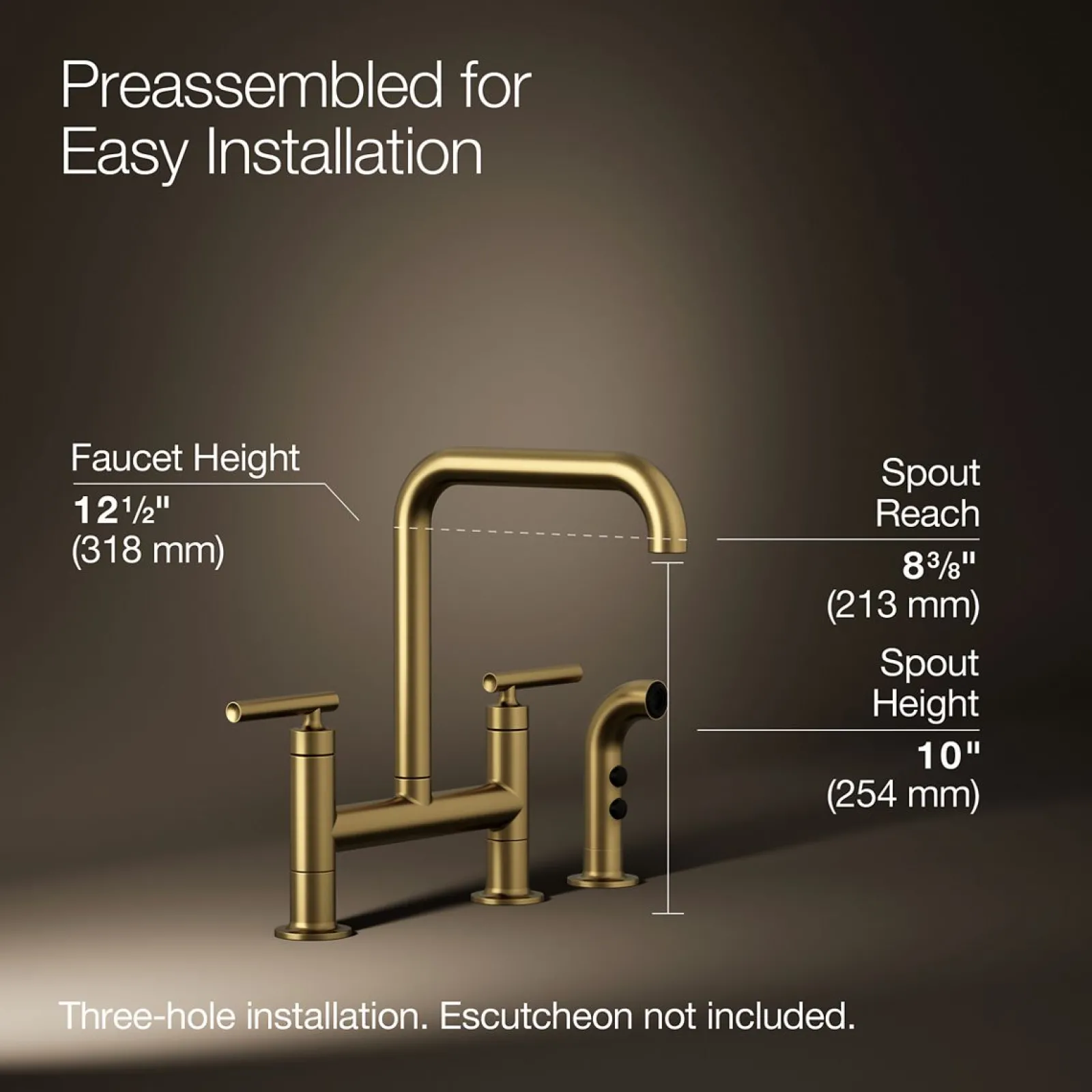 Two-hole bridge kitchen sink faucet with side sprayer^Kohler Hot