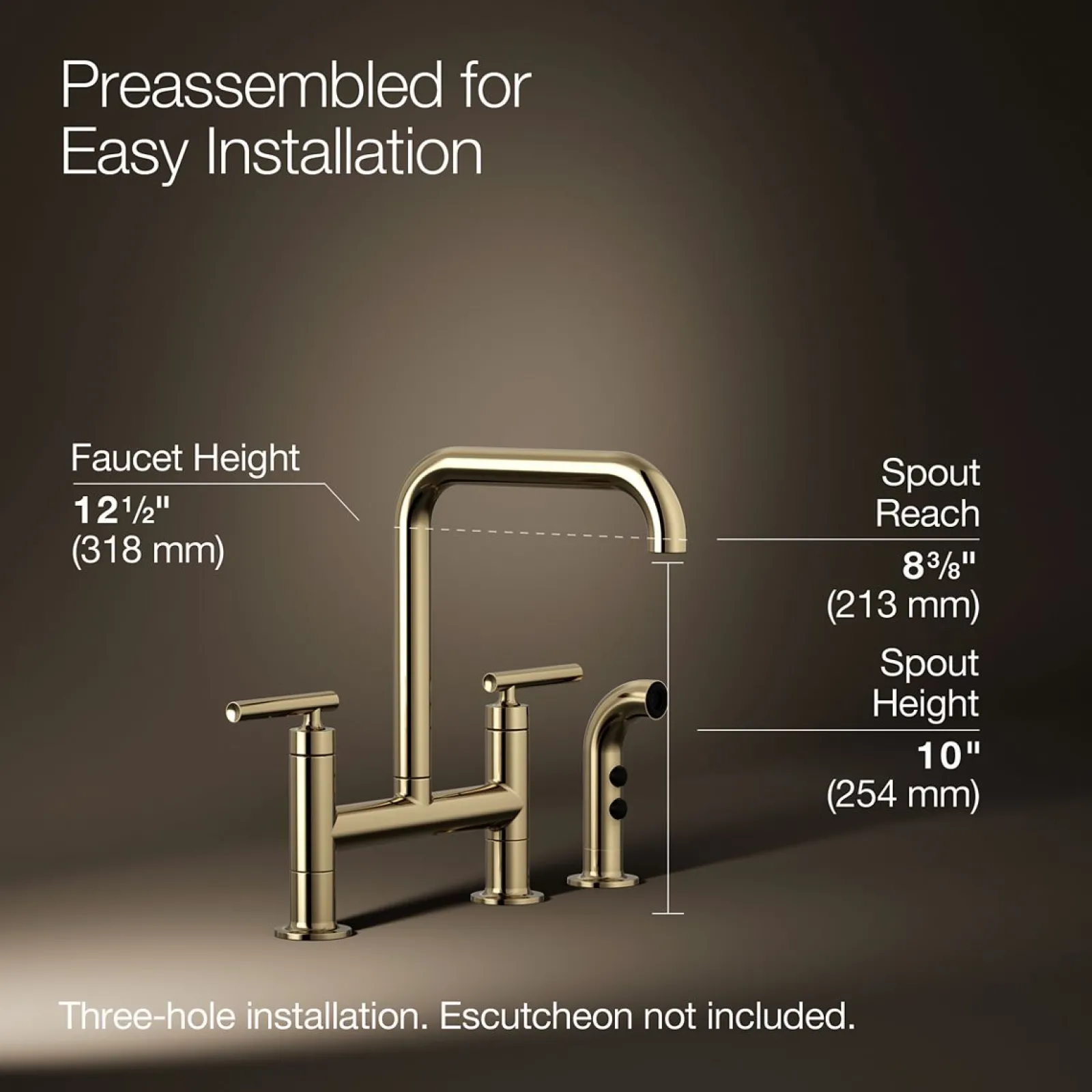 Two-hole bridge kitchen sink faucet with side sprayer^Kohler Hot