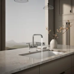 Two-hole bridge kitchen sink faucet with side sprayer^Kohler Hot