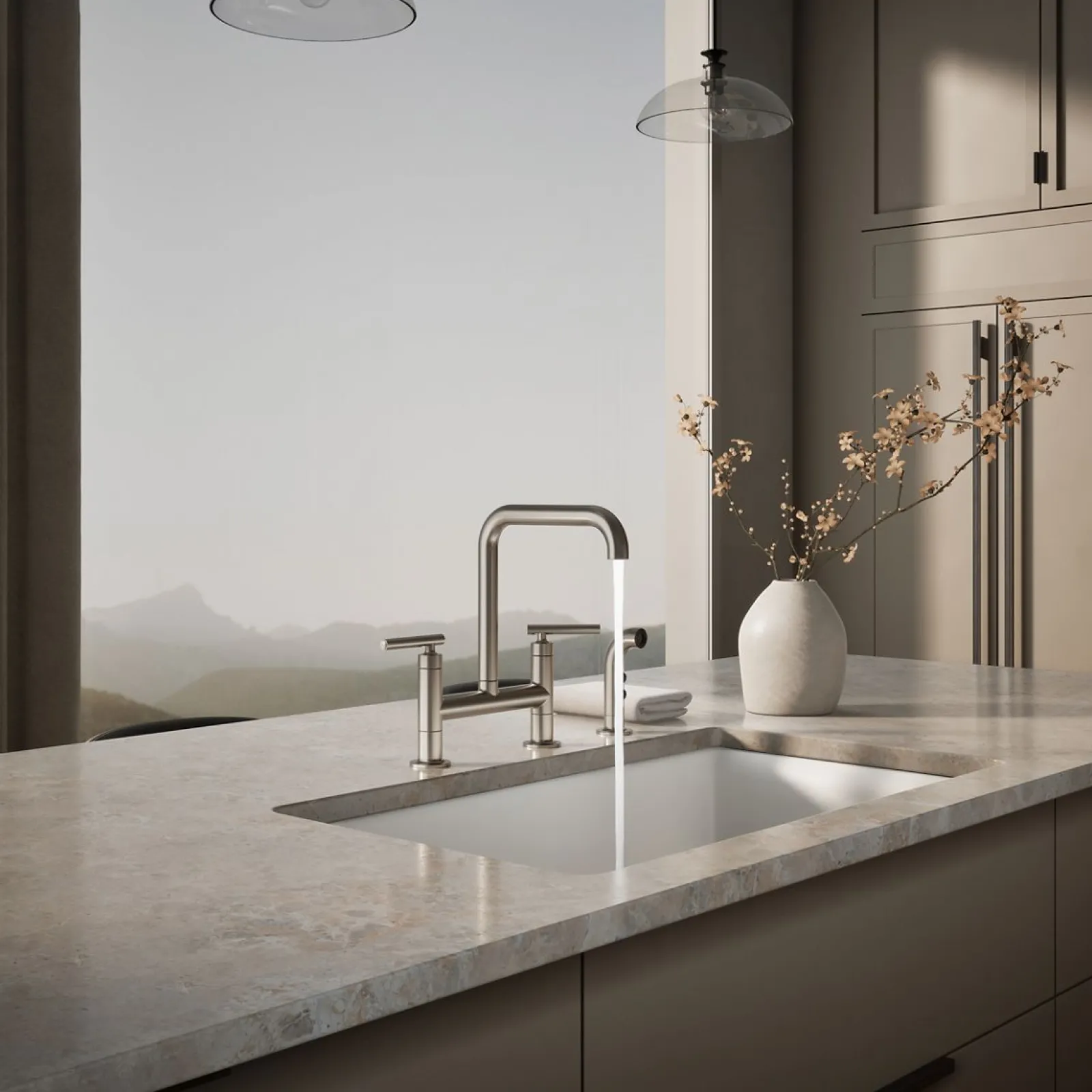 Two-hole bridge kitchen sink faucet with side sprayer^Kohler Hot