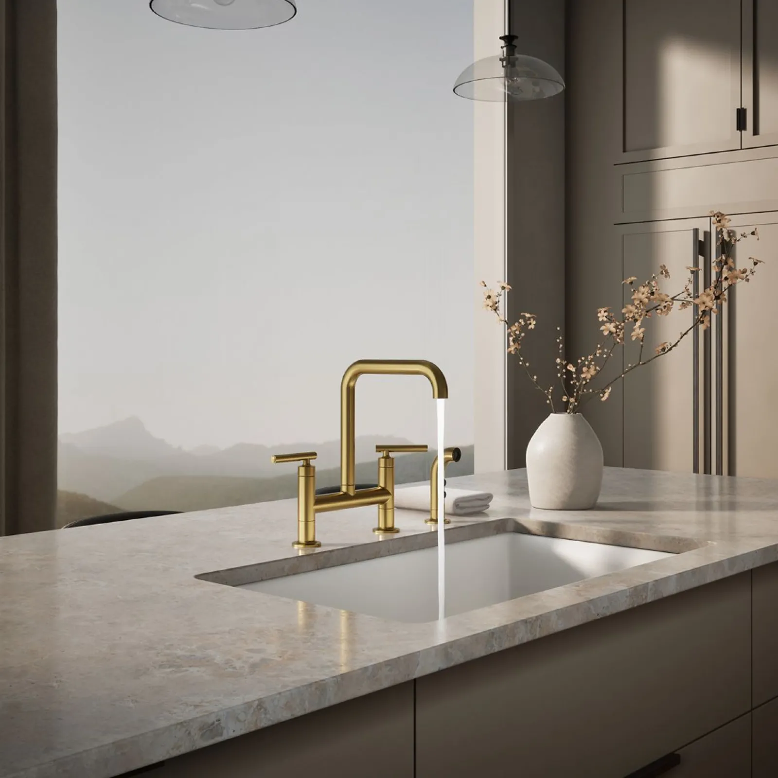 Two-hole bridge kitchen sink faucet with side sprayer^Kohler Hot