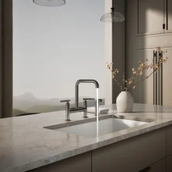 Two-hole bridge kitchen sink faucet with side sprayer^Kohler Hot