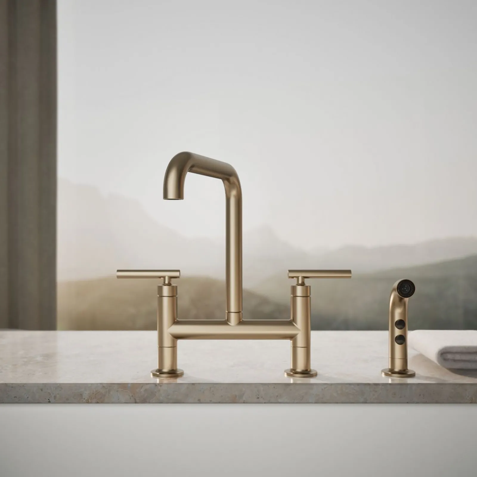 Two-hole bridge kitchen sink faucet with side sprayer^Kohler Hot