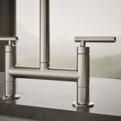 Two-hole bridge kitchen sink faucet with side sprayer^Kohler Hot