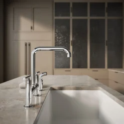 Two-hole bridge kitchen sink faucet with side sprayer^Kohler Hot