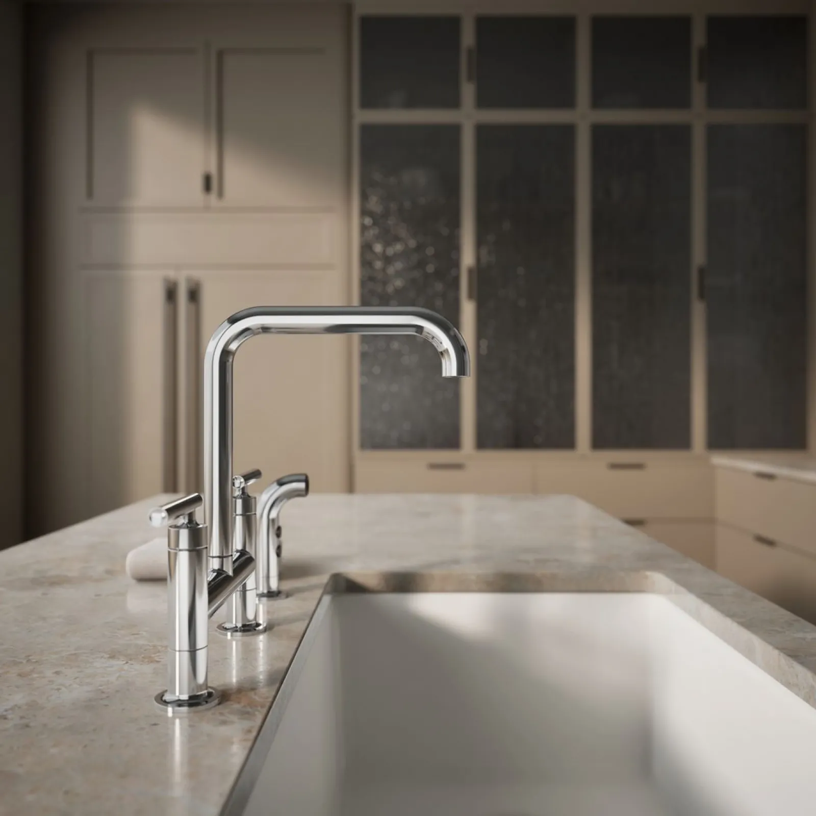 Two-hole bridge kitchen sink faucet with side sprayer^Kohler Hot
