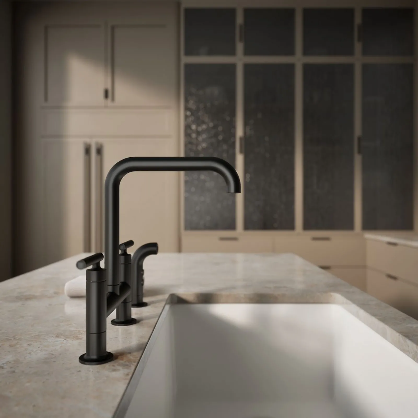 Two-hole bridge kitchen sink faucet with side sprayer^Kohler Hot