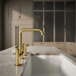 Two-hole bridge kitchen sink faucet with side sprayer^Kohler Hot