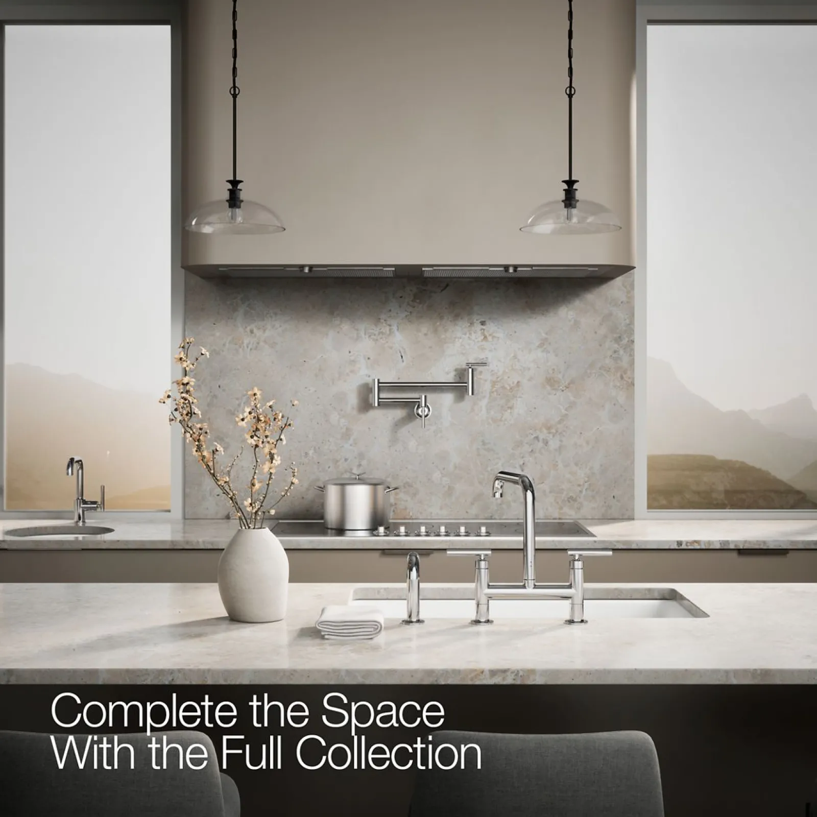 Two-hole bridge kitchen sink faucet with side sprayer^Kohler Hot