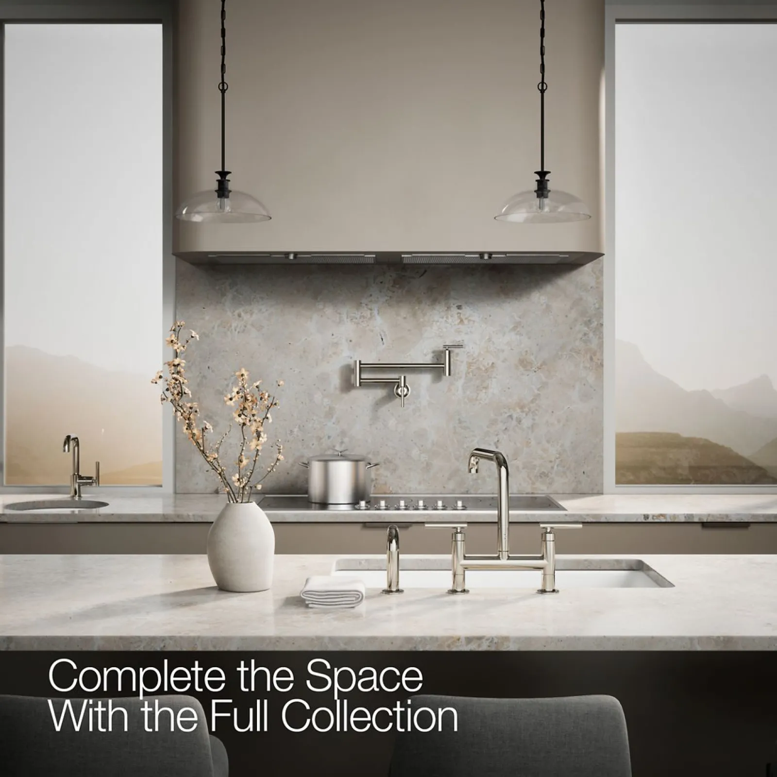 Two-hole bridge kitchen sink faucet with side sprayer^Kohler Hot
