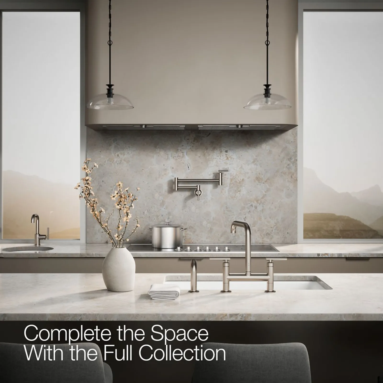 Two-hole bridge kitchen sink faucet with side sprayer^Kohler Hot