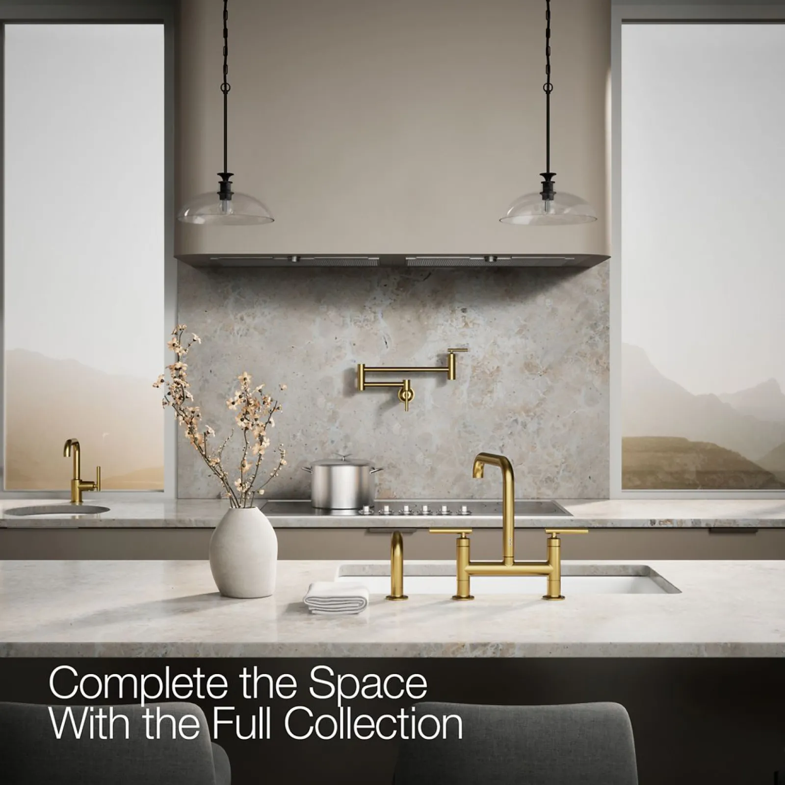 Two-hole bridge kitchen sink faucet with side sprayer^Kohler Hot