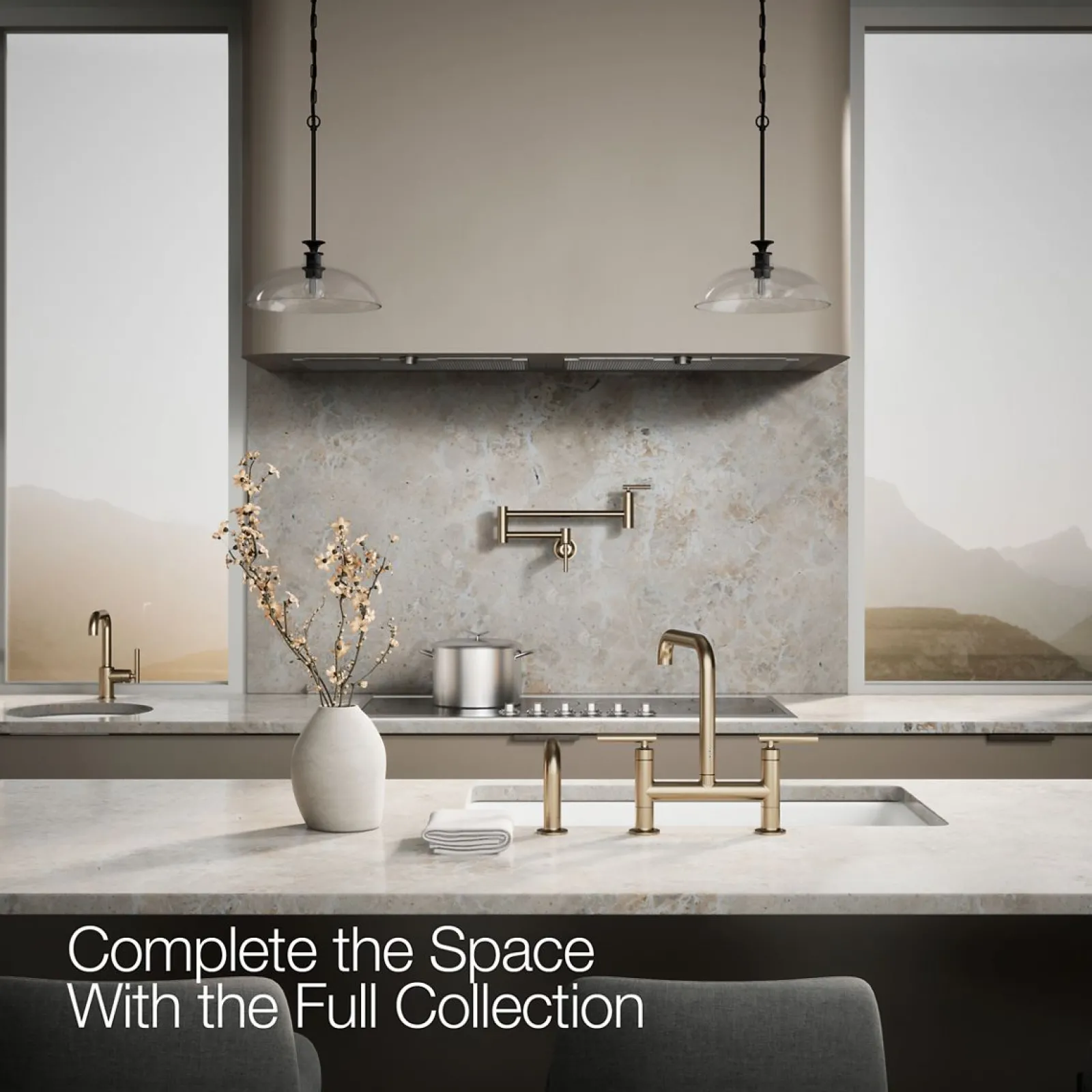 Two-hole bridge kitchen sink faucet with side sprayer^Kohler Hot