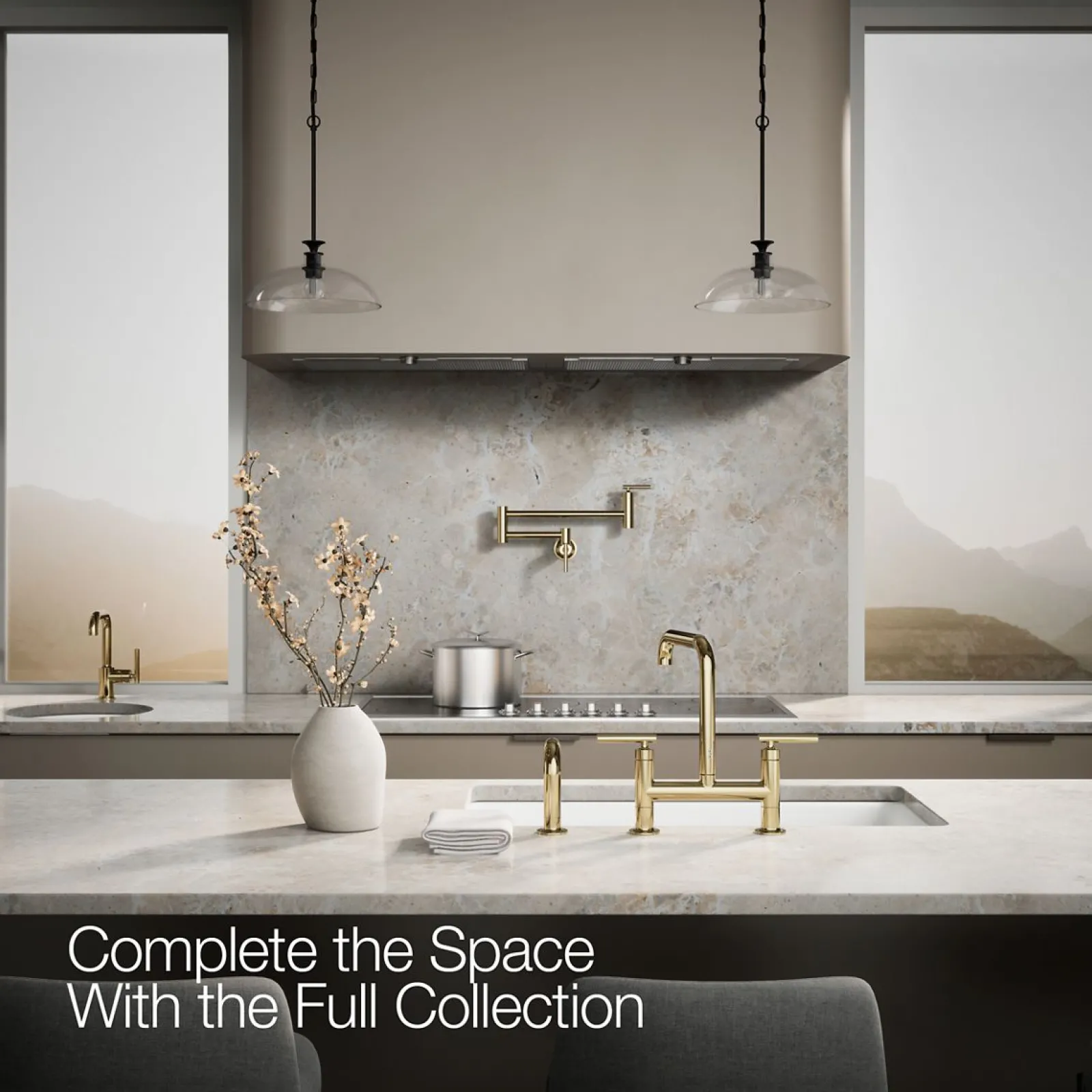 Two-hole bridge kitchen sink faucet with side sprayer^Kohler Hot