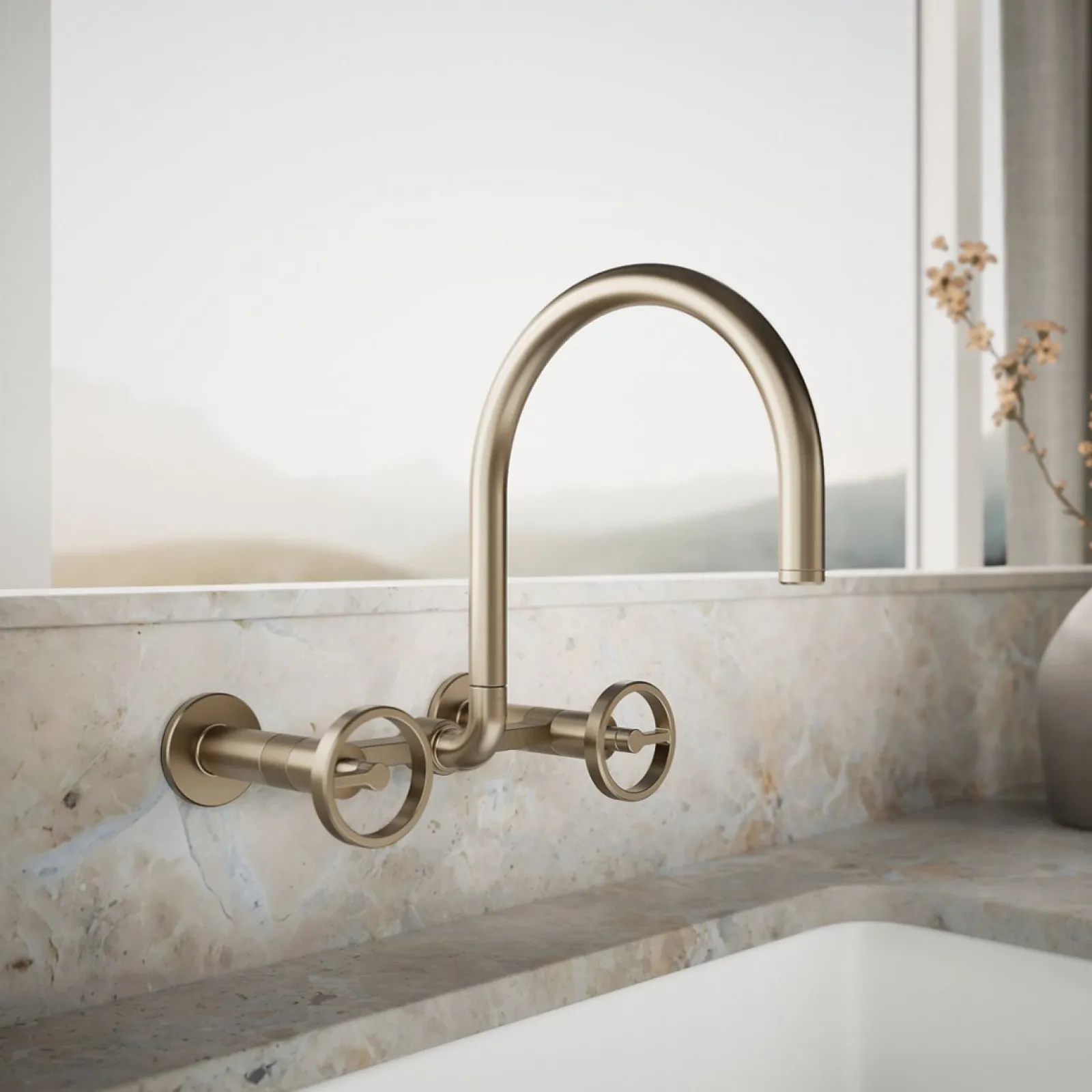 Two-hole wall-mount bridge kitchen sink faucet^Kohler Hot