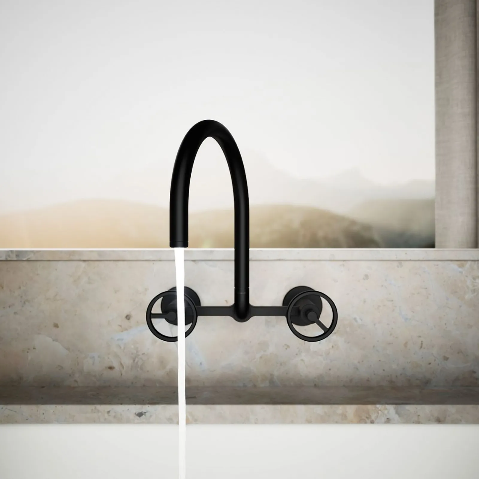 Two-hole wall-mount bridge kitchen sink faucet^Kohler Hot