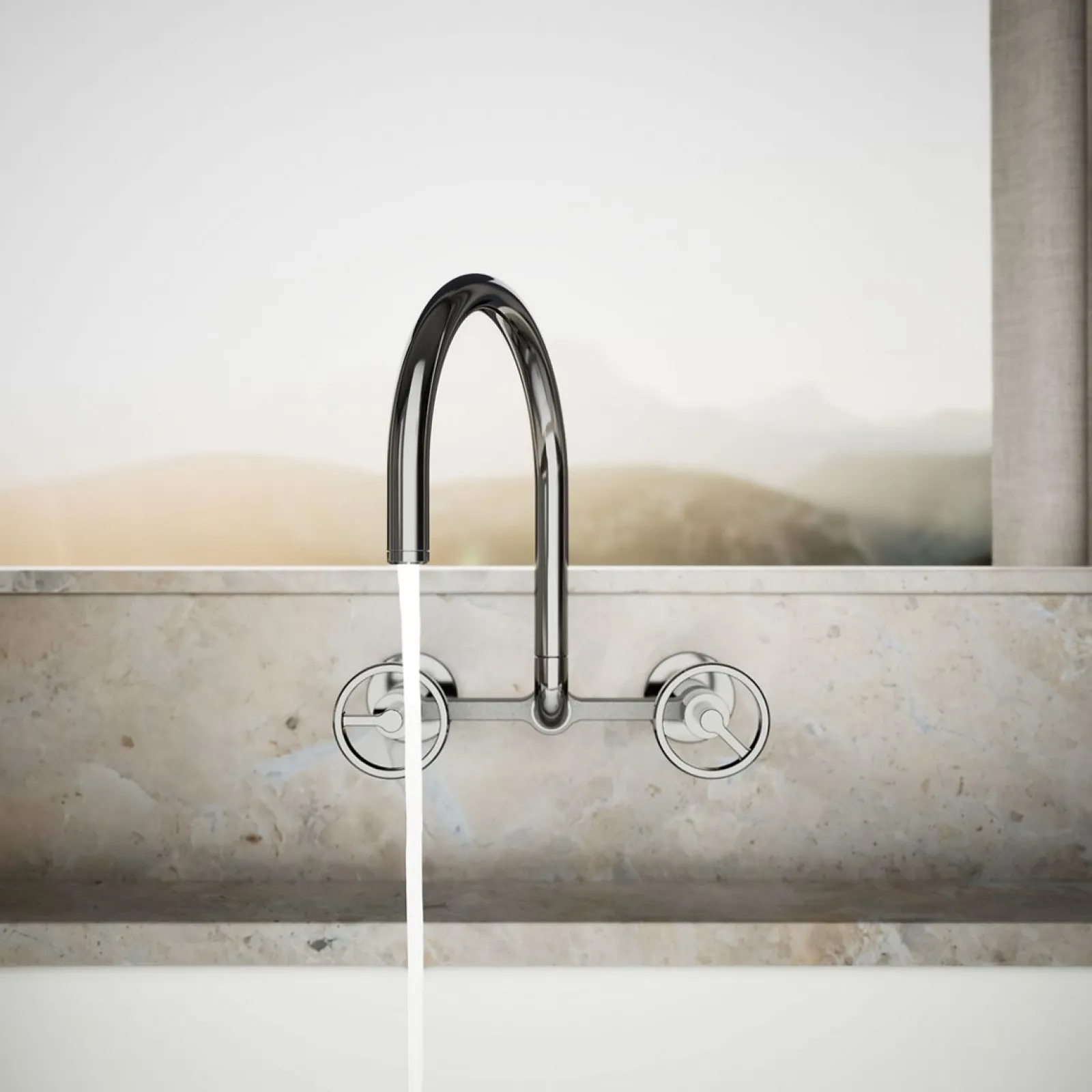 Two-hole wall-mount bridge kitchen sink faucet^Kohler Hot