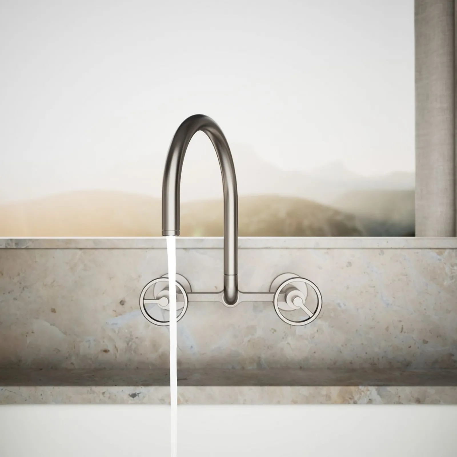 Two-hole wall-mount bridge kitchen sink faucet^Kohler Hot