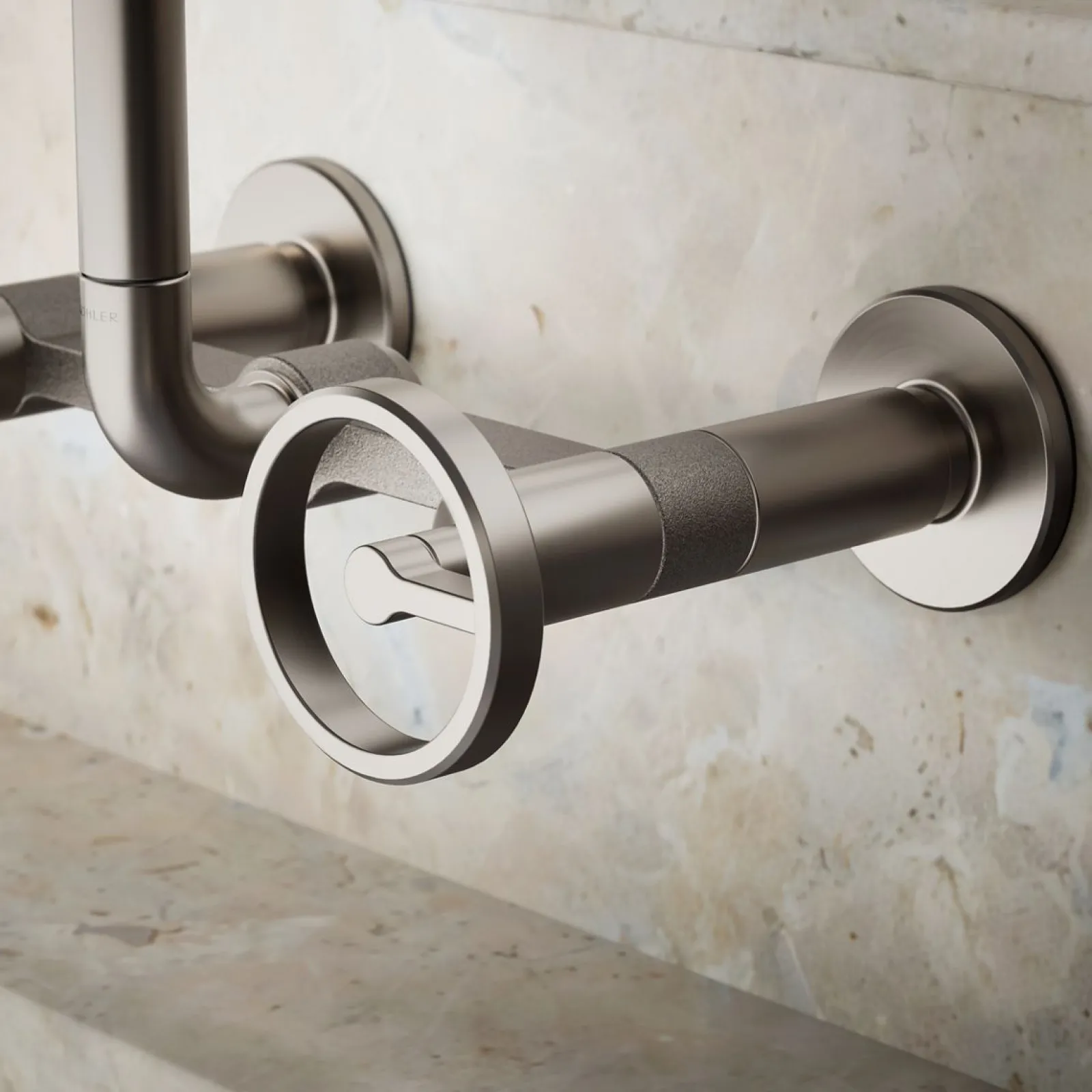Two-hole wall-mount bridge kitchen sink faucet^Kohler Hot