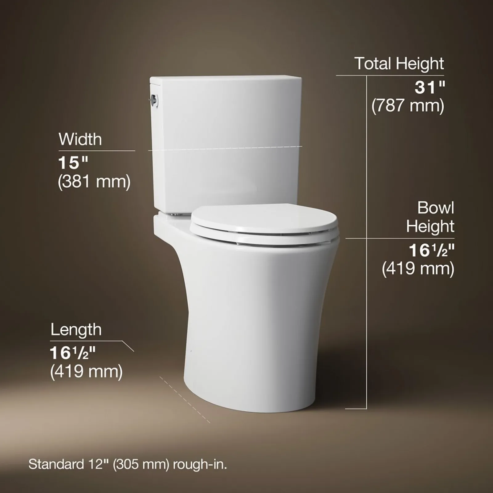 Two-piece elongated toilet with skirted trapway, 1.28 gpf^Kohler Hot
