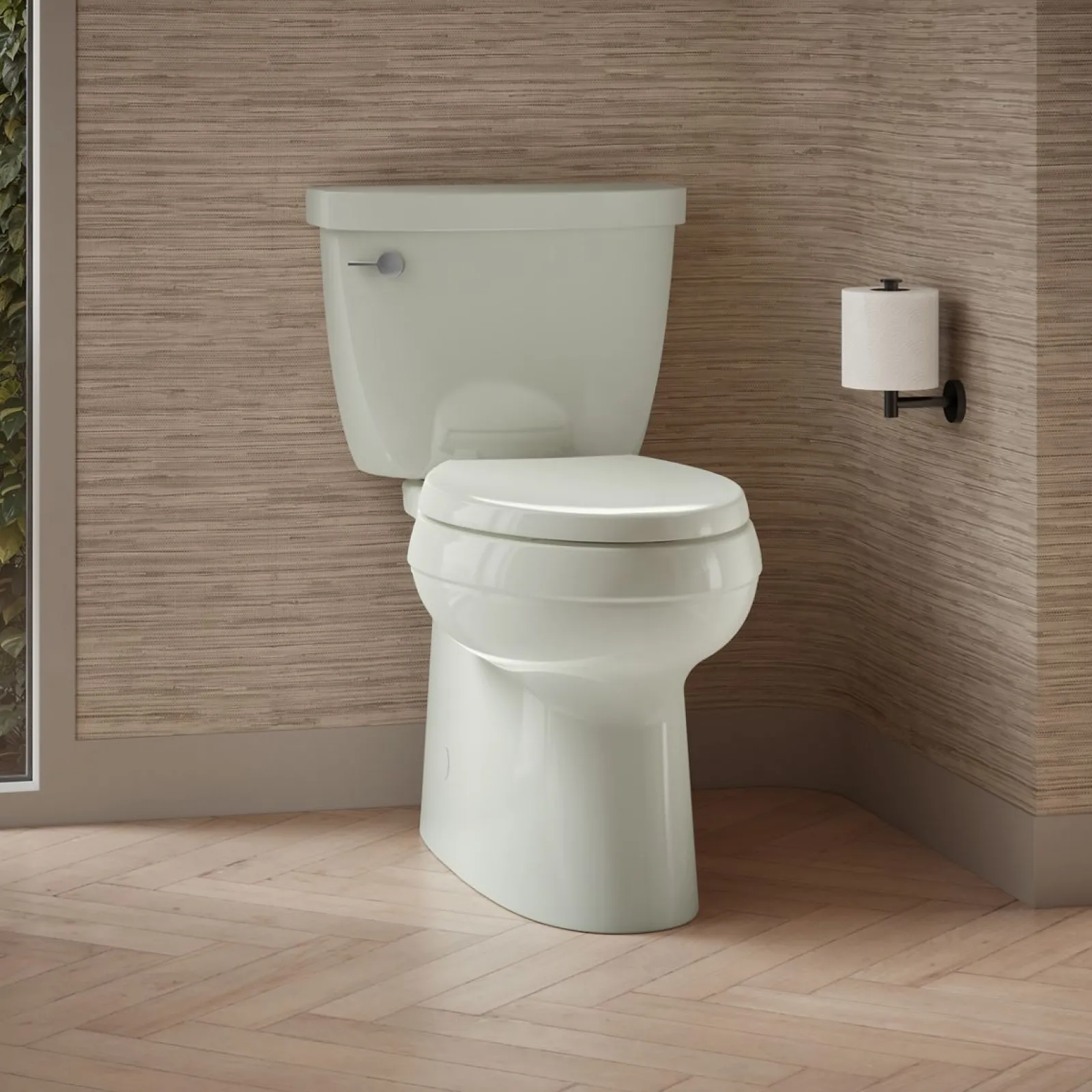 Two-piece elongated toilet with skirted trapway, 1.28 gpf^Kohler