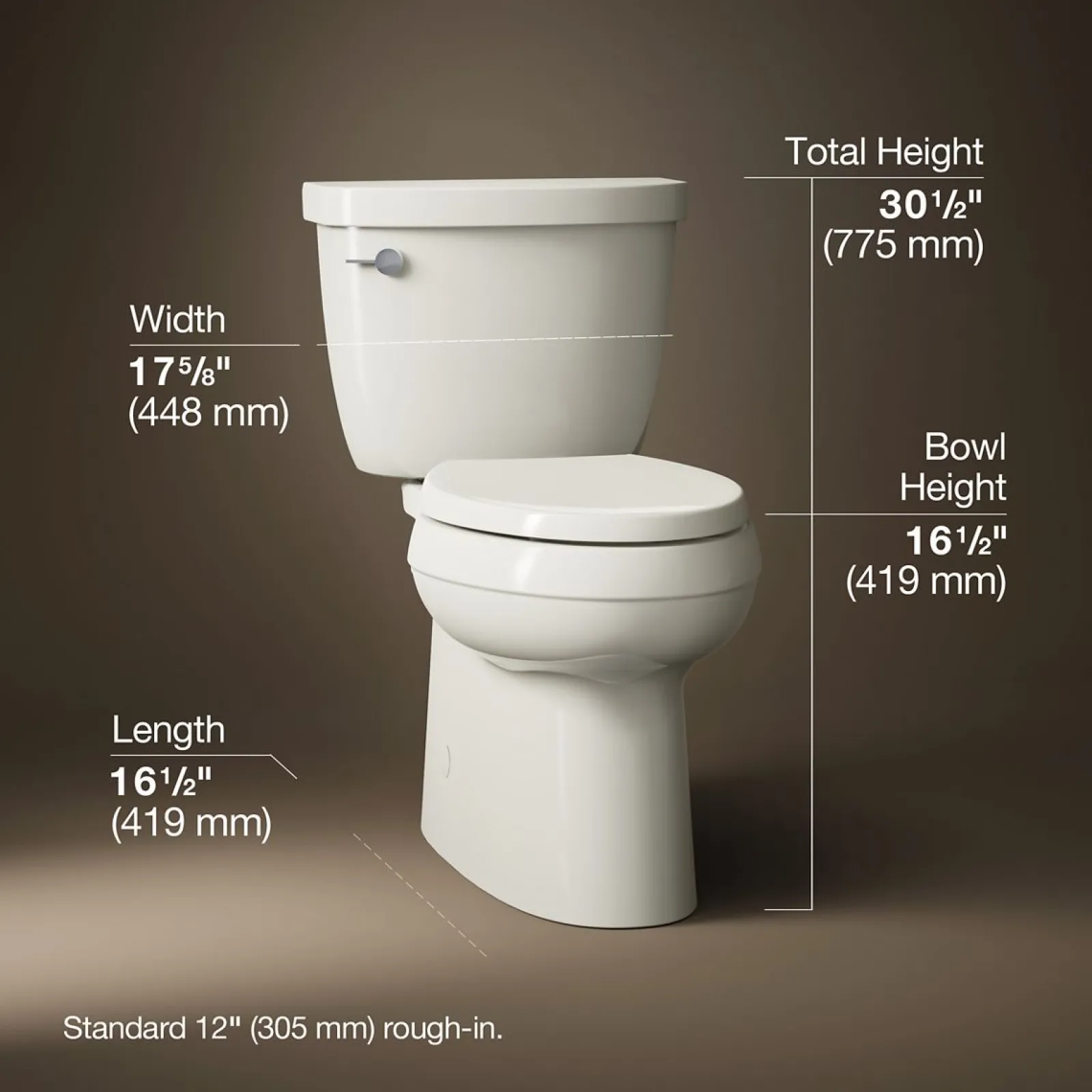 Two-piece elongated toilet with skirted trapway, 1.28 gpf^Kohler