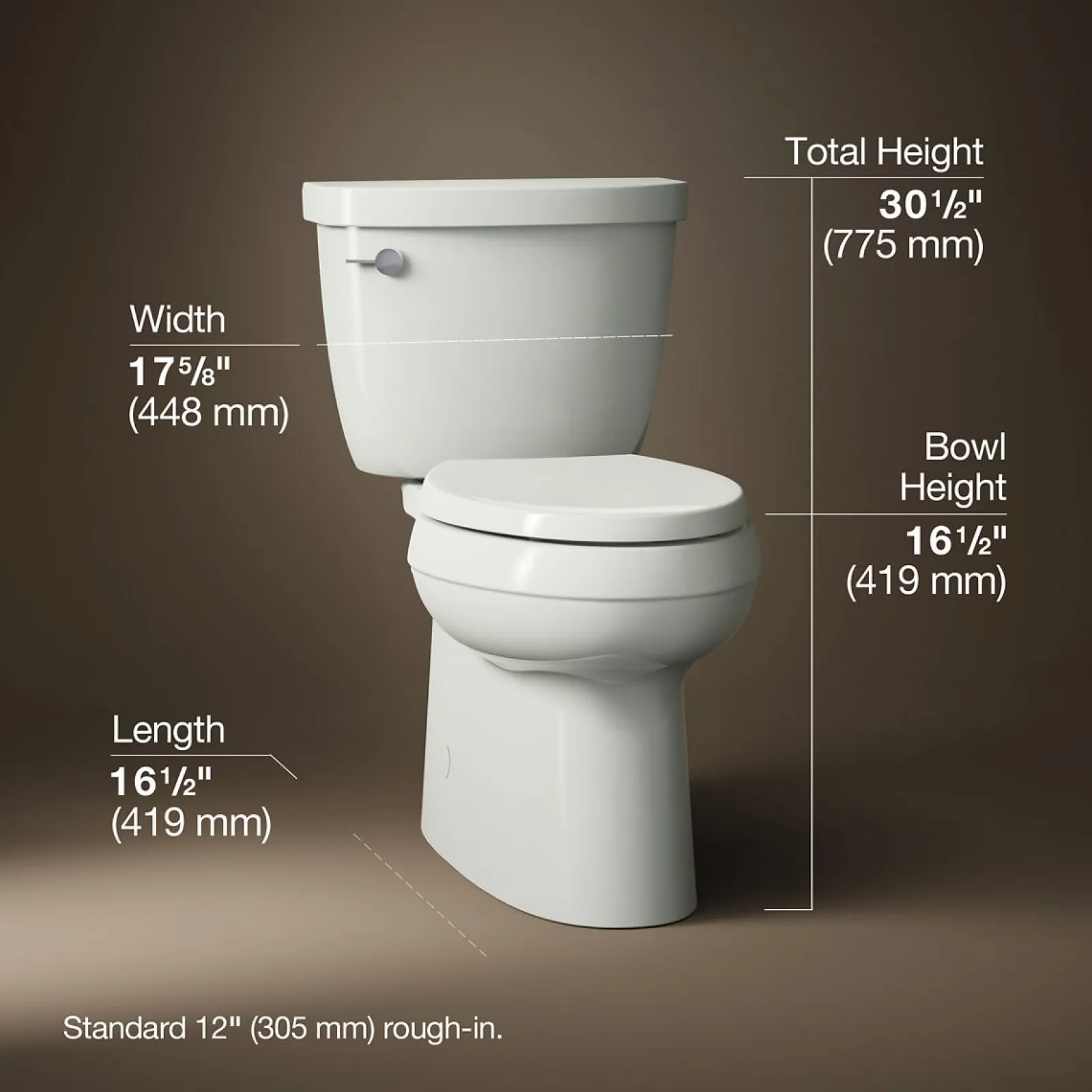 Two-piece elongated toilet with skirted trapway, 1.28 gpf^Kohler