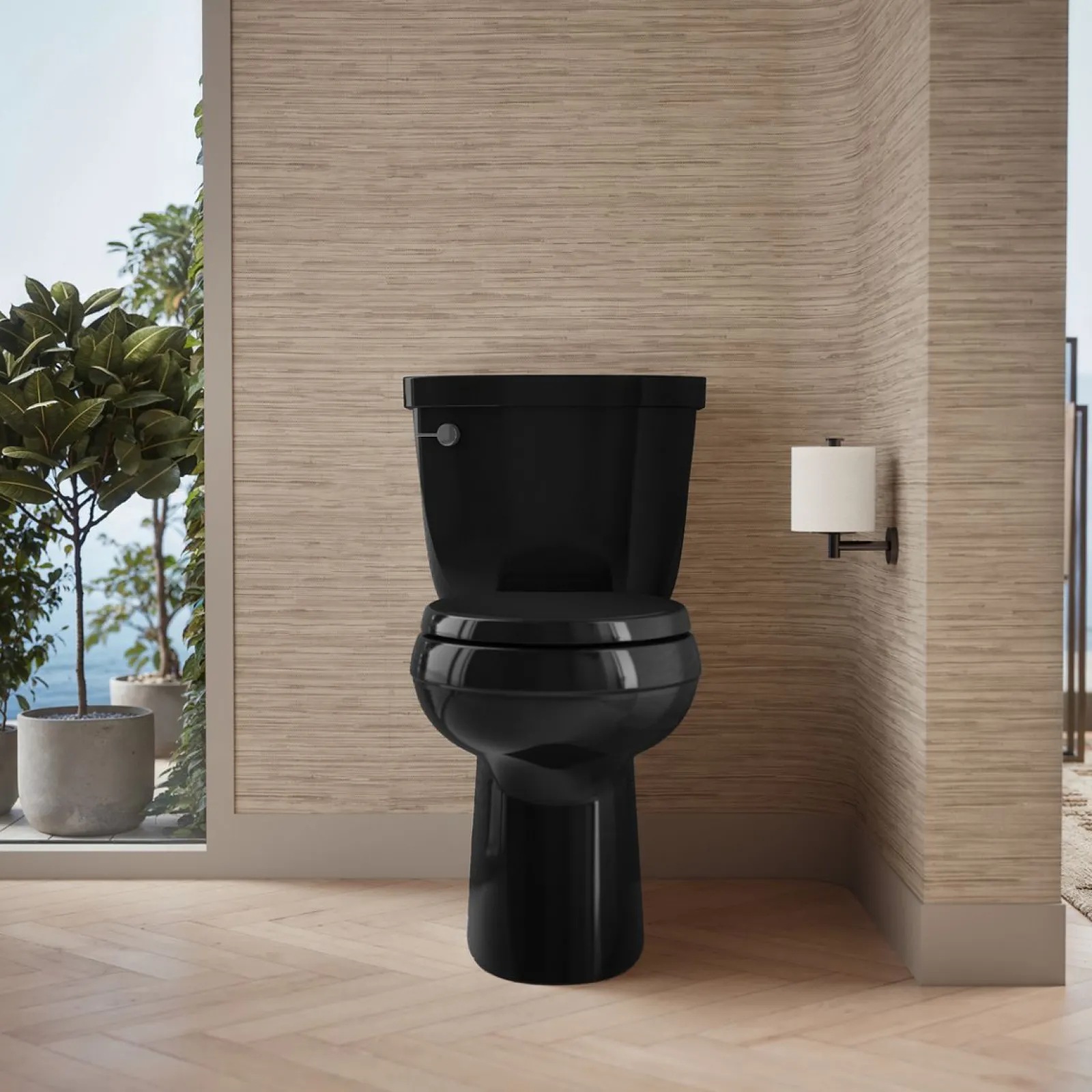 Two-piece elongated toilet with skirted trapway, 1.28 gpf^Kohler