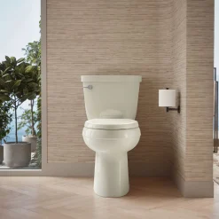 Two-piece elongated toilet with skirted trapway, 1.28 gpf^Kohler