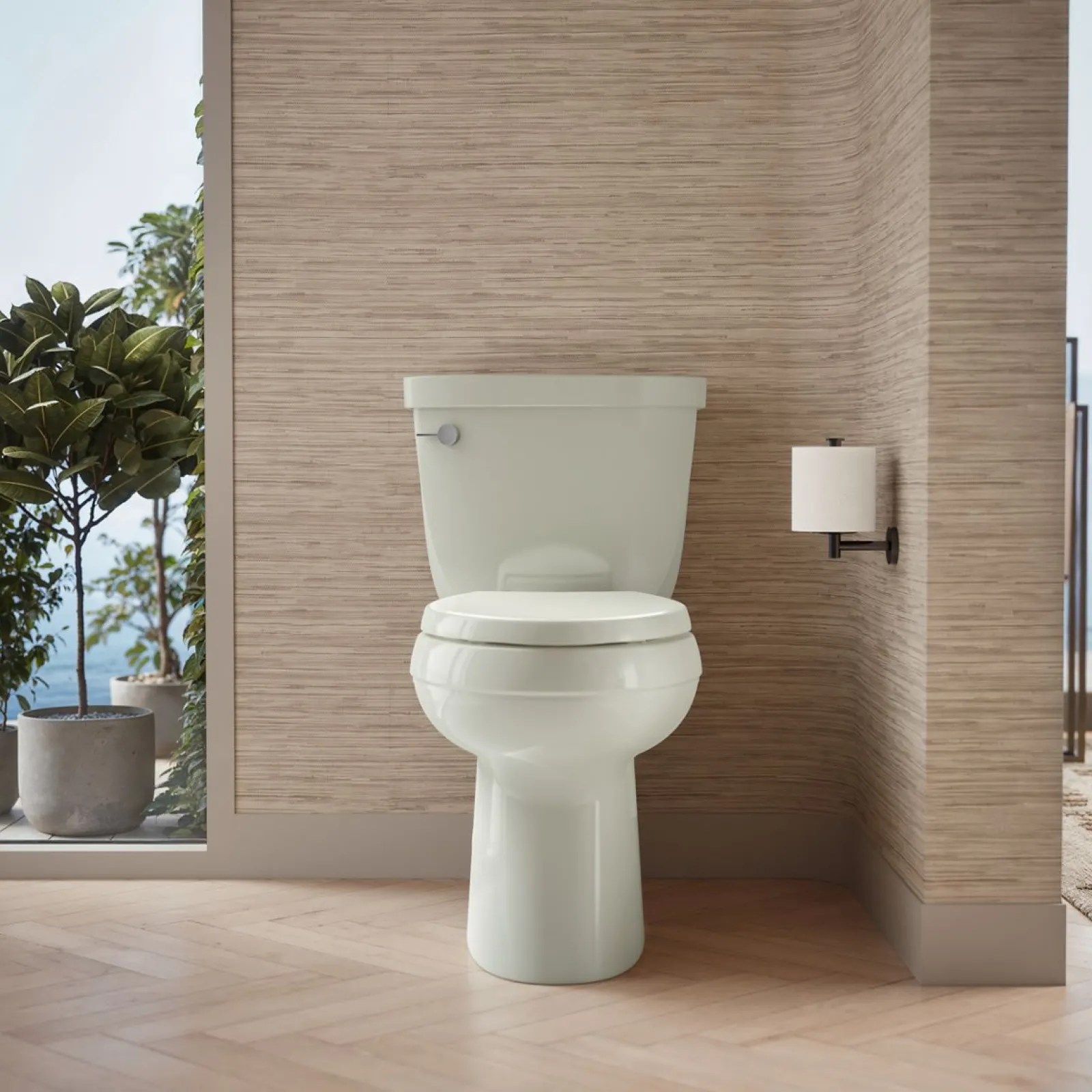 Two-piece elongated toilet with skirted trapway, 1.28 gpf^Kohler